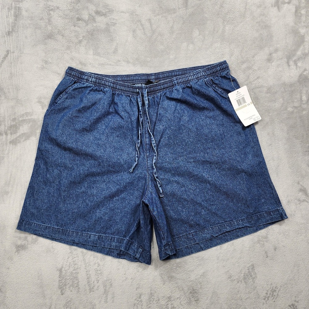 NEW Erika Shorts Womens 1X Blue Denim Bermuda Pull On Elastic Waist Casual